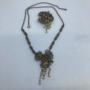 Vtg West Germany brass filigree faux pearl waterfall dangle brooch necklace